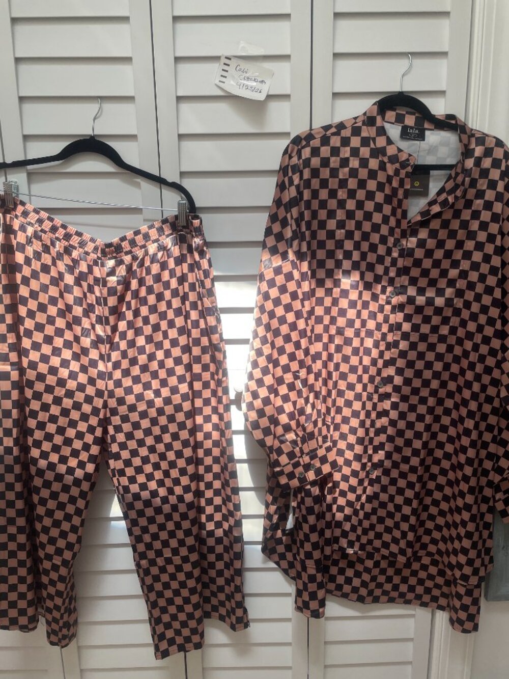 Dressed in LALA Satin Playsuit in Iced Coffee Checkerboard **HEMMED** - Picture 2 of 5
